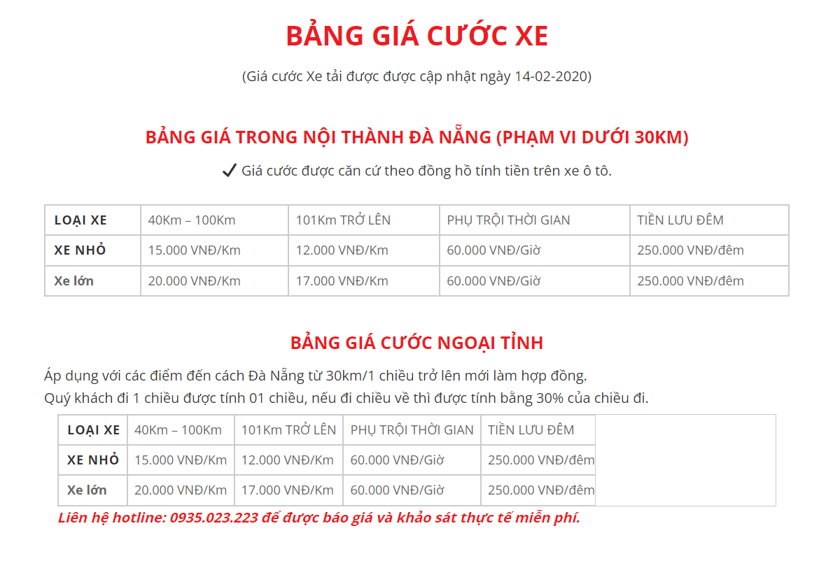 Bảng giá cước Taxi tải quận Thanh Khê 